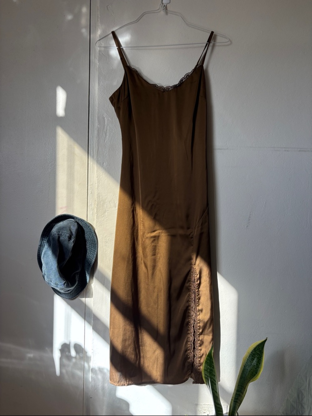 BCX Brown Midi Slip Dress with Lace Trim - Picture 2 of 7